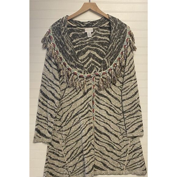 Soft Surroundings Zebra Orint Cardigan SZ L Fringe Open Oversized Shaw Collar - Picture 1 of 5